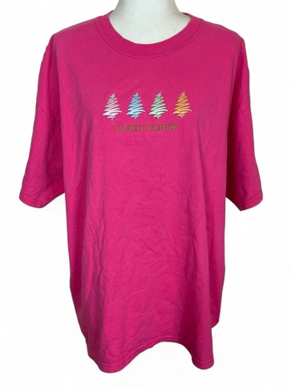 Lake Tahoe Size XXL Gildan Ultra Cotton Heavyweight Short Sleeve Shirt Pink Tree
